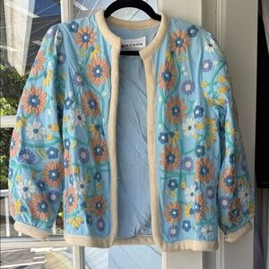 Antik Batik Floral Embroidered Jacket - Blue and Cream